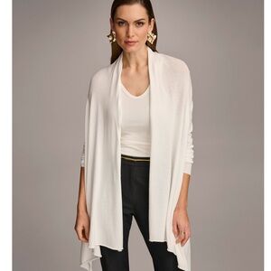 DKNY Women's Long-Sleeve Drape-Front Cream Silk & Cashmere Blend Cardigan PS